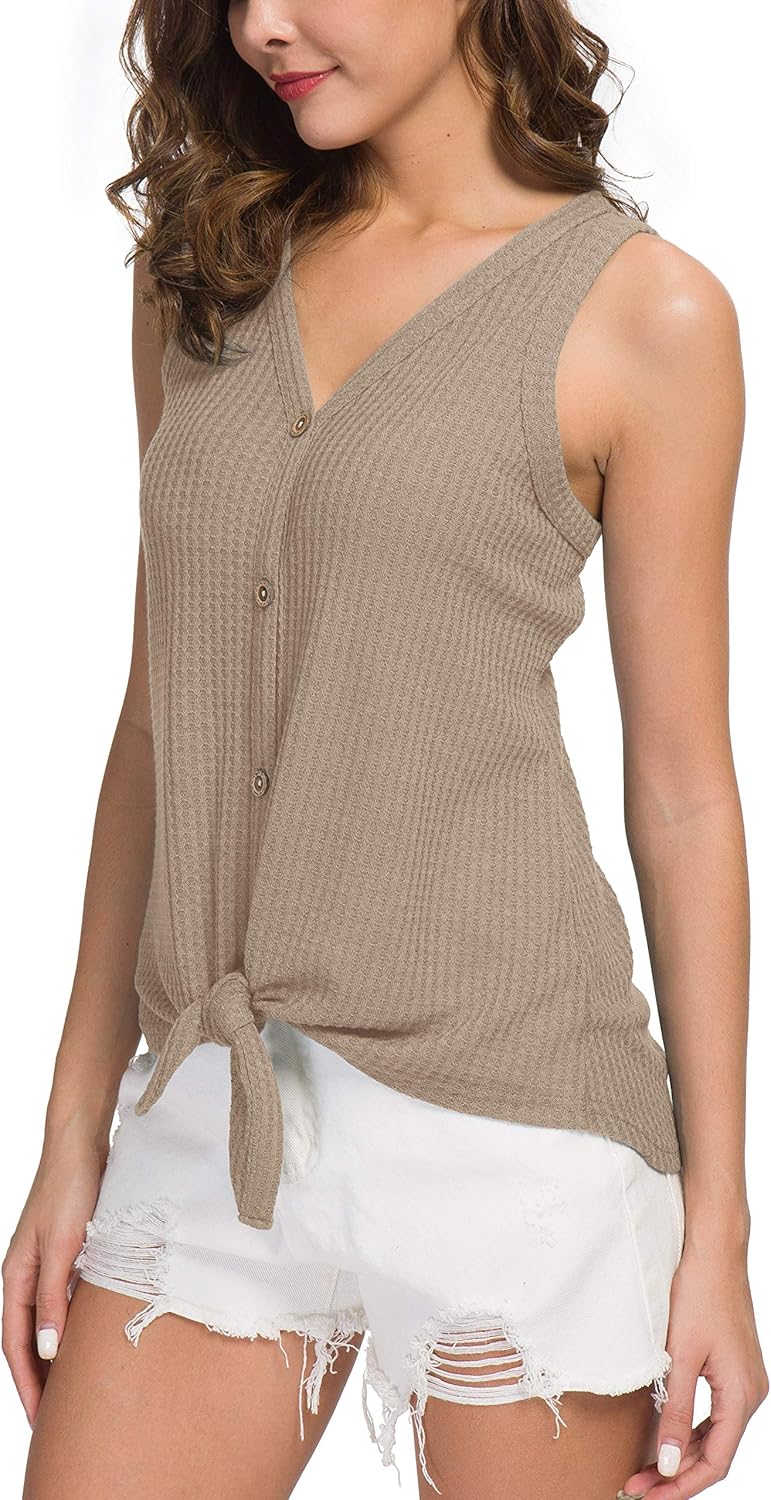 IWOLLENCE Womens Waffle Knit Tunic Blouse Tie Knot Henley Tops Loose Fitting Plain Shirts at  Women’s Clothing store