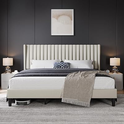 Yaheetech King Bed Frame Upholstered Platform Bed with Fabric Headboard, Wing Edge Design/Non-Slip and Noise-Free/Wooden Slats Support/No Box Spring Needed/Easy Assembly, Beige King Bed