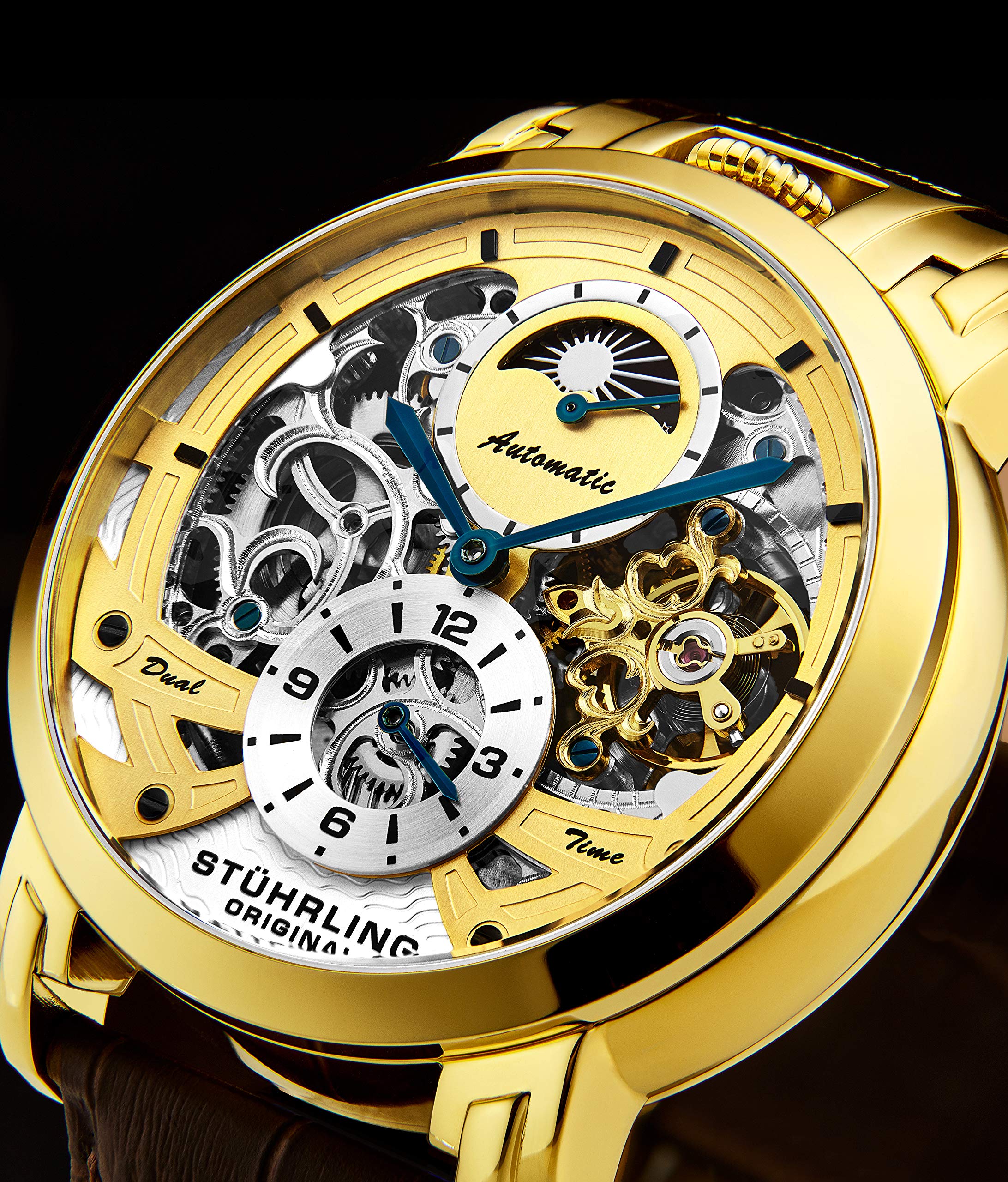 Stuhrling Orignal Mens Watch Automatic Watch Skeleton Watches for Men - Leather Luxury Dress Watch - Mechanical Watch Stainless Steel Case Self Winding Analog Watch for Men