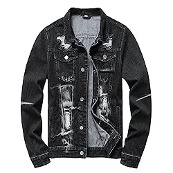 LAMKUKU Mens Denim Jacket Ripped Slim Jean Jacket