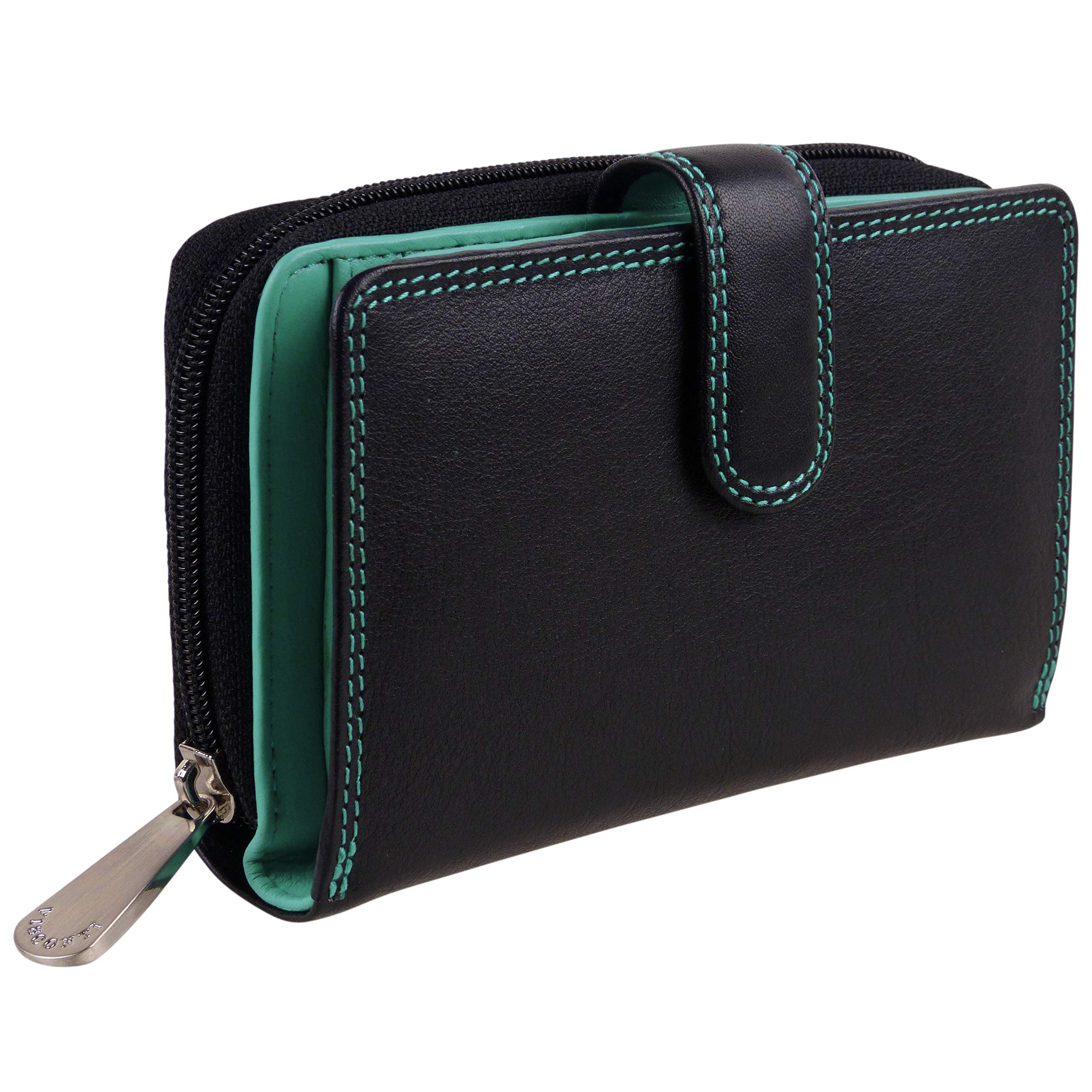 Visconti Quality Ladies Soft Leather Two Tone Purse Wallet Colorado Gift Boxed (Black & Aqua)