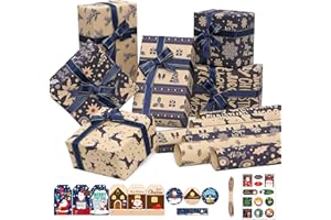 Larcenciel Christmas Wrapping Paper Set, Vintage Holiday Gift Wrapping Paper with Gift Tags Stickers & Rope, Thick Recyclable