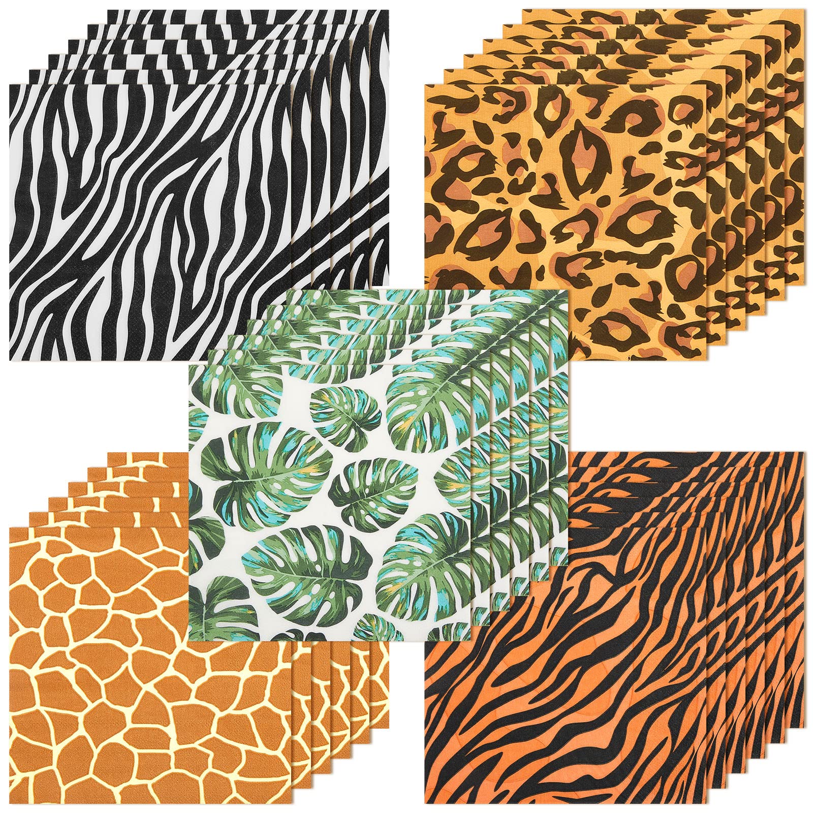 Photo 1 of 100 Pieces Jungle Safari Animal Print Party Disposable Animal Napkins Safari Napkins for Baby Shower Birthday Party, 5 Styles