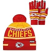 FOCO NFL unisex-adult Nfl Team Logo Adult Stretch Gloves With Big Wordmark Strip Pom Knit Hat Beanie Set