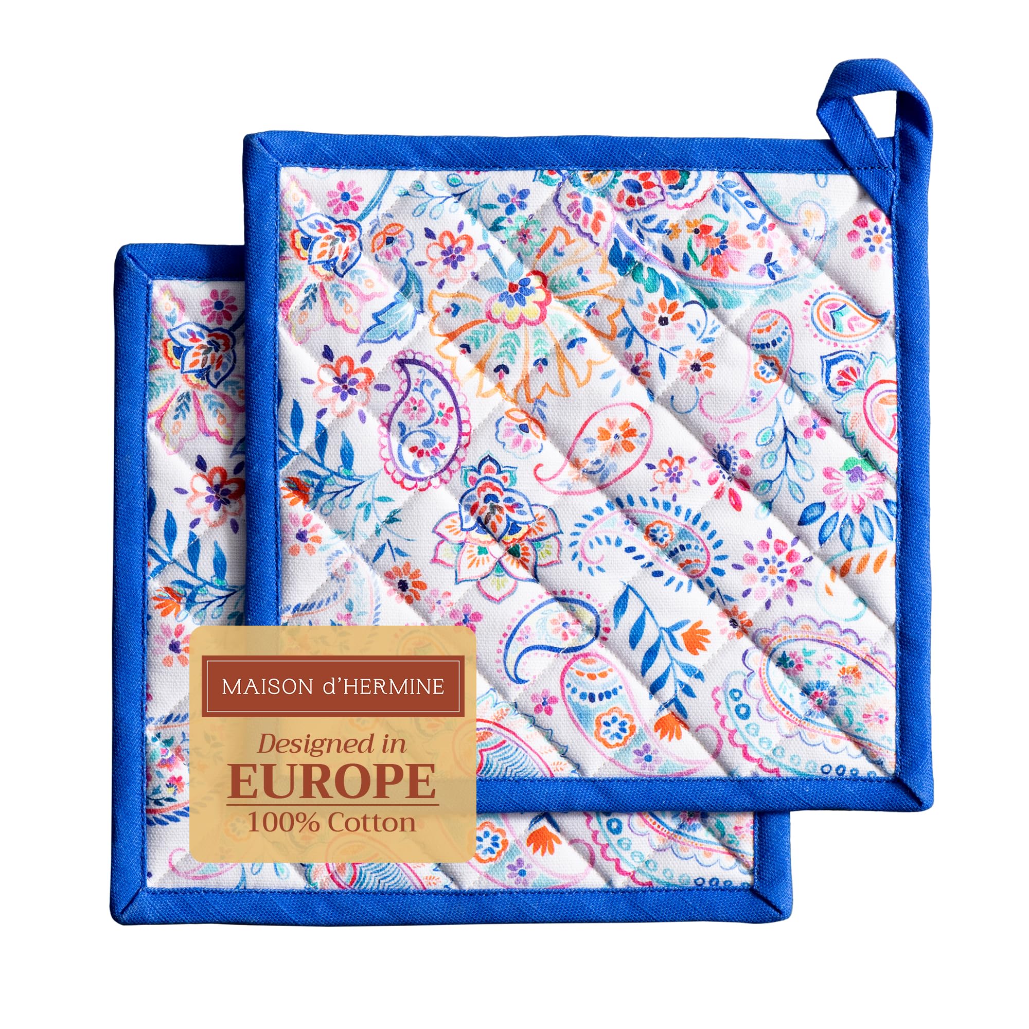 Maison d' Hermine Pot Holders Set 100% Cotton Heat Resistant Potholders 20 cm x 20 cm Hot Pads with Loop for BBQ Cooking Baking Handling Hot Pans Gifts for Mothers Day (Pack of 2, Indian Floral)