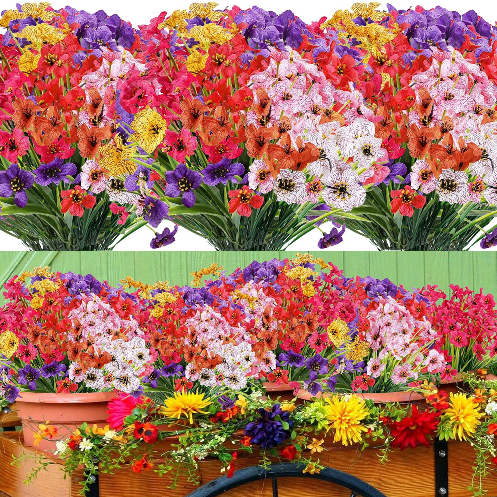 14 Bundles Artificial Flowers Outdoor 7 Colors UV Resistant Fake Flowers No Fade Faux Plastic Plants Silk Flowers for Indoor Outside Hanging Planter Home Garden Porch Patio Window Box Wedding Decor