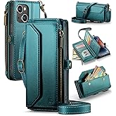 Strapurs Wallet Case Compatible with iPhone 14 Plus RFID Blocking 10-Card Holder Soft PU Leather Magnetic Snap Shoulder Strap Zipper Pocket Phone Case Fit for iPhone 14 Plus 6.7" - Blue Green