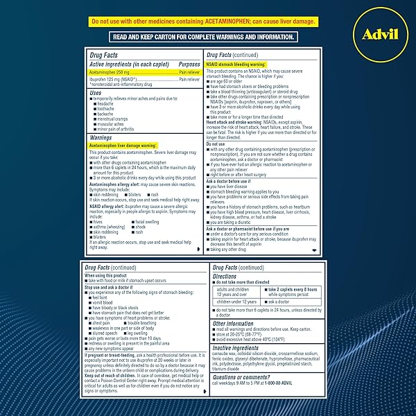 ADVIL DUAL ACTION COATED CAPLETS, 125 MG IBUPROFEN AND 250 MG ACETAMINOPHEN PER DOSE (2 DOSE EQUIVALENT) FOR 8 HOUR PAIN RELIEF – 216 COUNT
