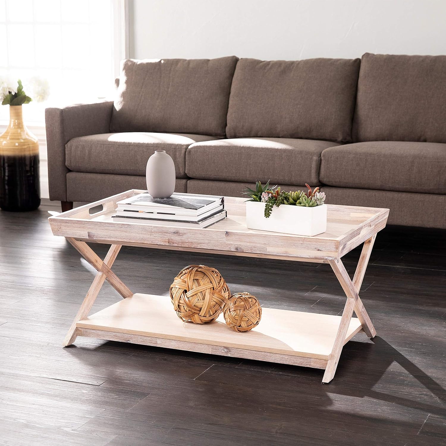 Amazon Com Misc Coastal White Wood Cocktail Table Brown Farmhouse Nautical Rectangle Mdf Veneer Washed Tray Top Home Kitchen