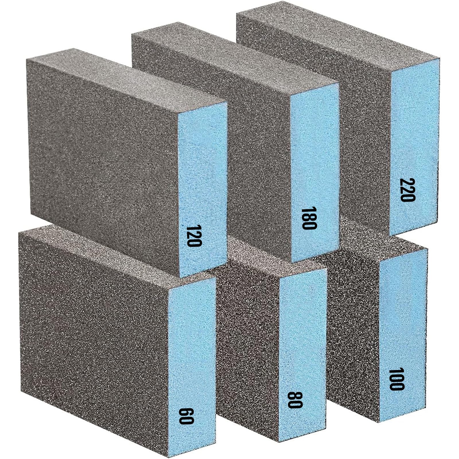 HRLORK 6 Pcs Sanding Blocks, Wet and Dry Dual-use Sanding sponges, 60/80/100/120/180/220 Grits, Washable and Reusable for Wood Metal Furniture Polishing
