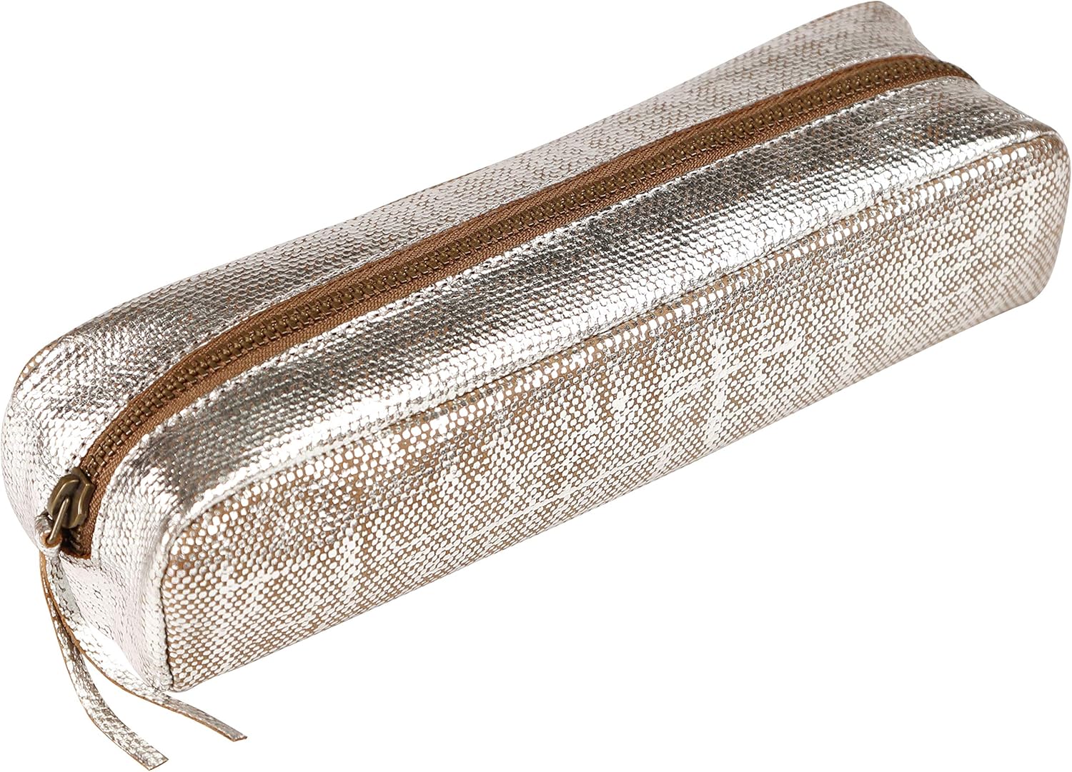 Clairefontaine 410041C -Textile Effect Silver Rectangular School Pencil Case 21x6x4cm in Genuine Lambskin Leather