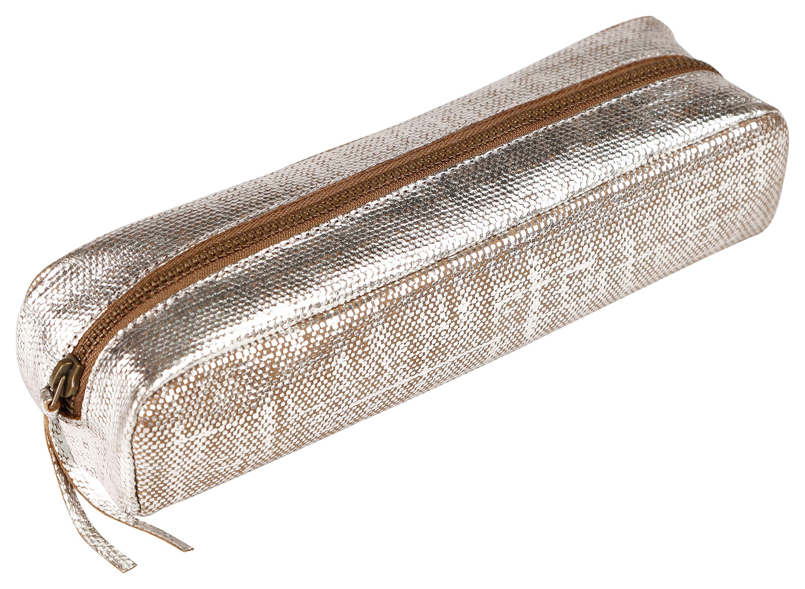 Clairefontaine 410041C -Textile Effect Silver Rectangular School Pencil Case 21x6x4cm in Genuine Lambskin Leather - School Supplies - Pencil Case - Pen Holder