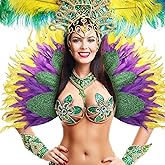 Maiteenly 1 Pcs Mardi Gras Feather Shawl Cape Costume Accessory Carnival Real Feather Wrap Purple Yellow Shimmering Green Fabric Outfit for Women Halloween Masquerade Cosplay Party Supplies