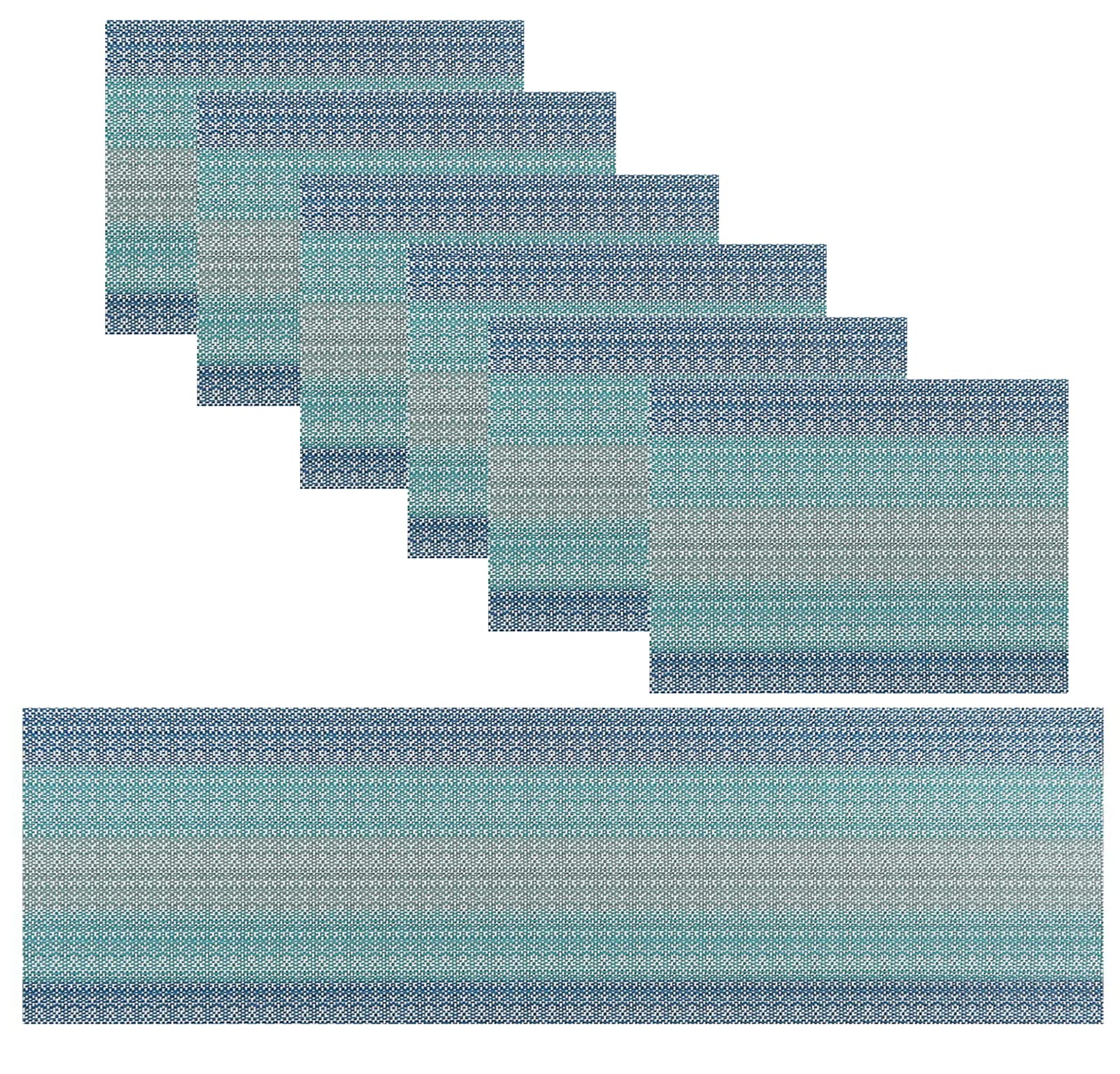 Placemats, Woven Vinyl Crossweave Kitchen Tablemat，Washable PVC Table Mats Sets for Dining Table, Parties, Farmhouse, Thanksgiving, Christmas & Gathering (6 Placemats + 1 Table Runner, Coastal Blue)