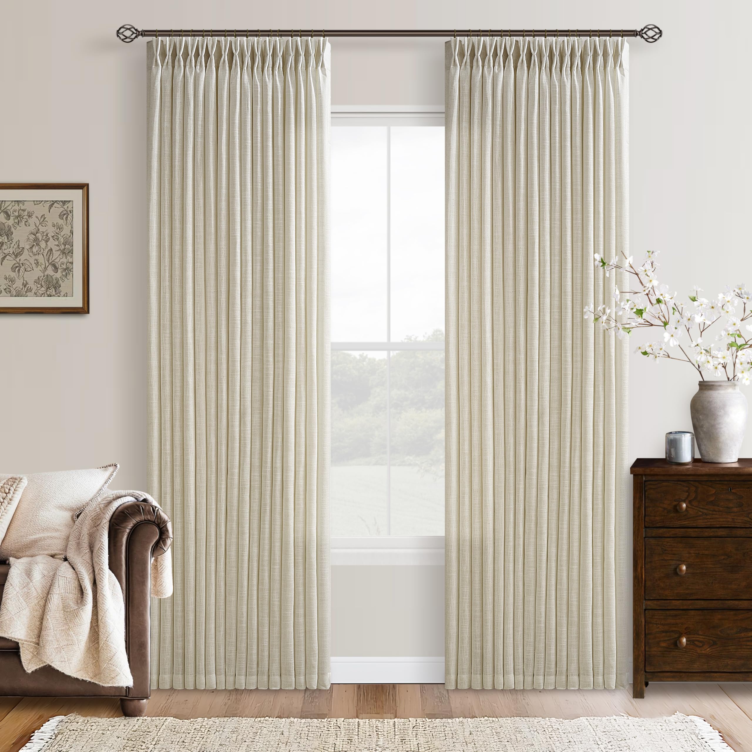 Photo 1 of Farmhouse Linen Curtains 90 Inches Long for Living Room Dining 2 Panels Burlap Flax Pinch Pleated Drapes Hooks Rings Rustic Light Filtering Semi Sheer Tan Beige 90 Inch Curtain for Bedroom W50xL90