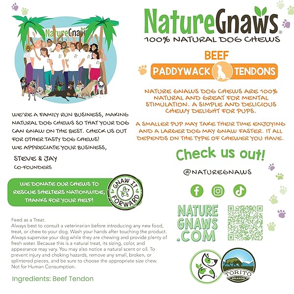 NATURE GNAWS BEEF PADDYWACK TENDONS FOR DOGS 5-6″ (5 COUNT) – LONG LASTING FOR AGGRESSIVE CHEWERS – NATURAL BEEF DOG CHEW BONES – RAWHIDE FREE