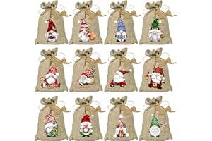 BORAMDO Christmas Burlap Gift Bags with Drawstrings 24Pcs, Watercolor 12 Designs Christmas Gnomes Linen Wrapping Bags, Small Christmas Treat Candy Bags for Holiday Party Favor Supplies…