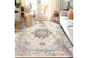 RELEANY Area Rugs 5'x7' Washable Non-Slip, Floral Vintage Distress Print Pattern Medallion Carpet for Living Room Bedroom Dining Room, Beige Navy Blue Orange Colorful