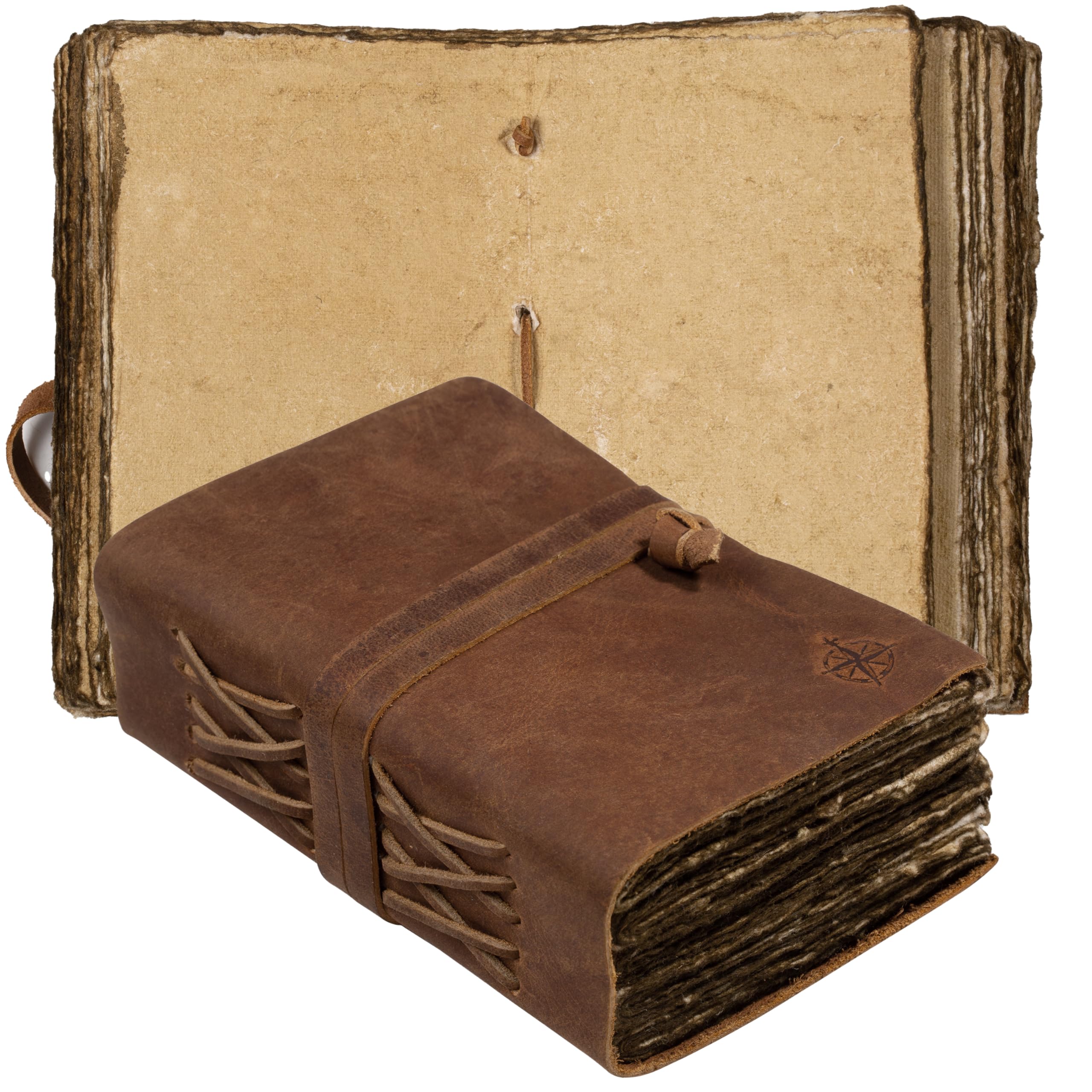 Wanderings Small Vintage Leather Journal - Only 10x15.25cm - Antique Handmade Leather Bound Journal with Old Fashioned Deckle Edge Paper - Perfect for Writing a Diary Notetaking Sketching.