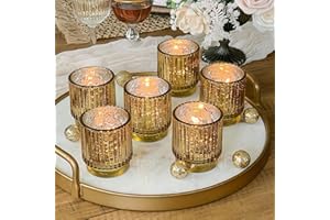 Kate Aspen Gold Votive Candle Holders - Vintage Ribbed Glass Candle Holder Set of 6 - Mercury Glass Tealight Holders for Christmas Table Decor, Holiday Centerpieces, Fall Thanksgiving Tablescape