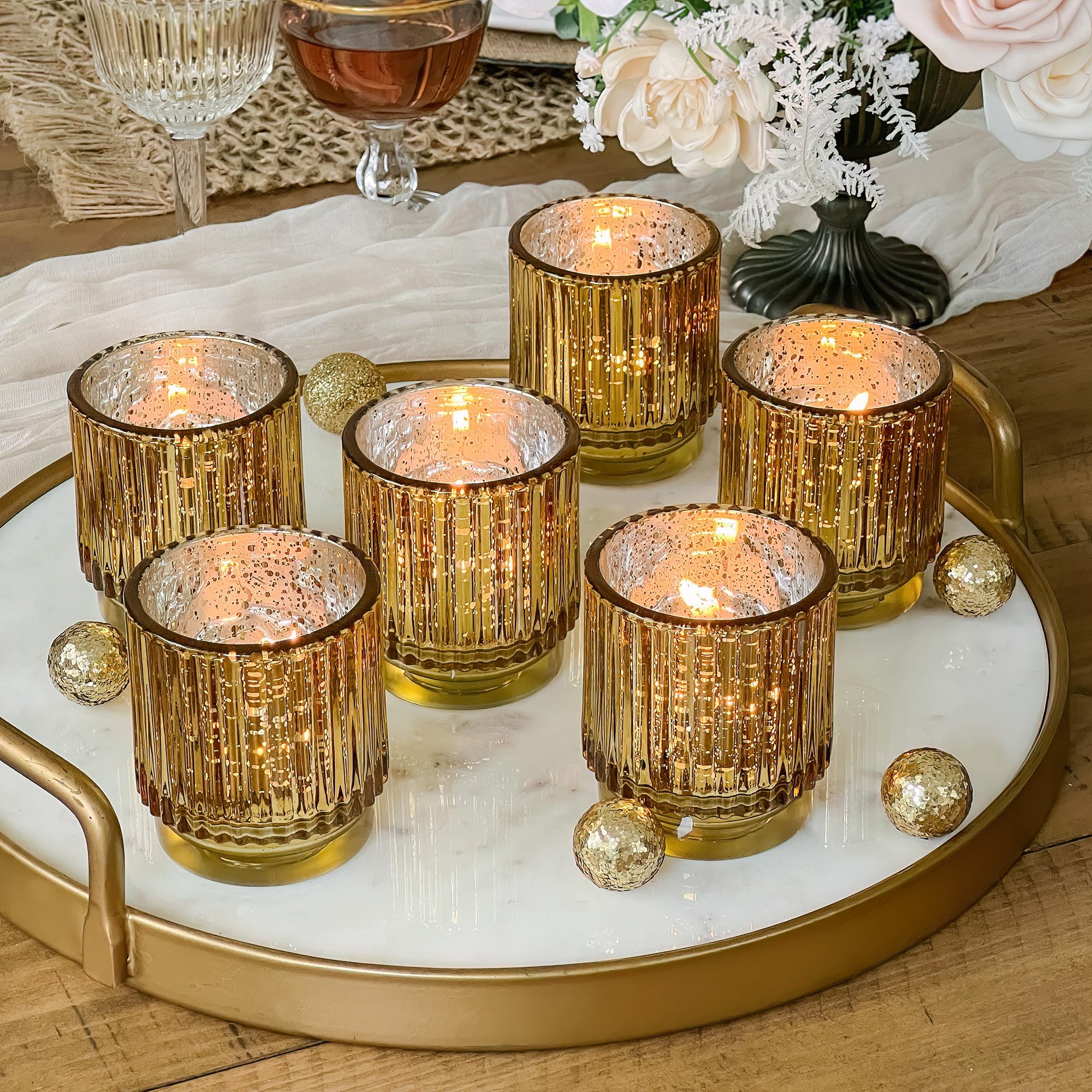 Photo 1 of Kate Aspen Vintage Fluted Gold Glass Votive Candle Holders and Tea Lights Candles - Gold Candle Holders Set of 6 for Boho Home Decor, Kitchen Shelf and Bookshelf Decor, Rustic Table Decorations