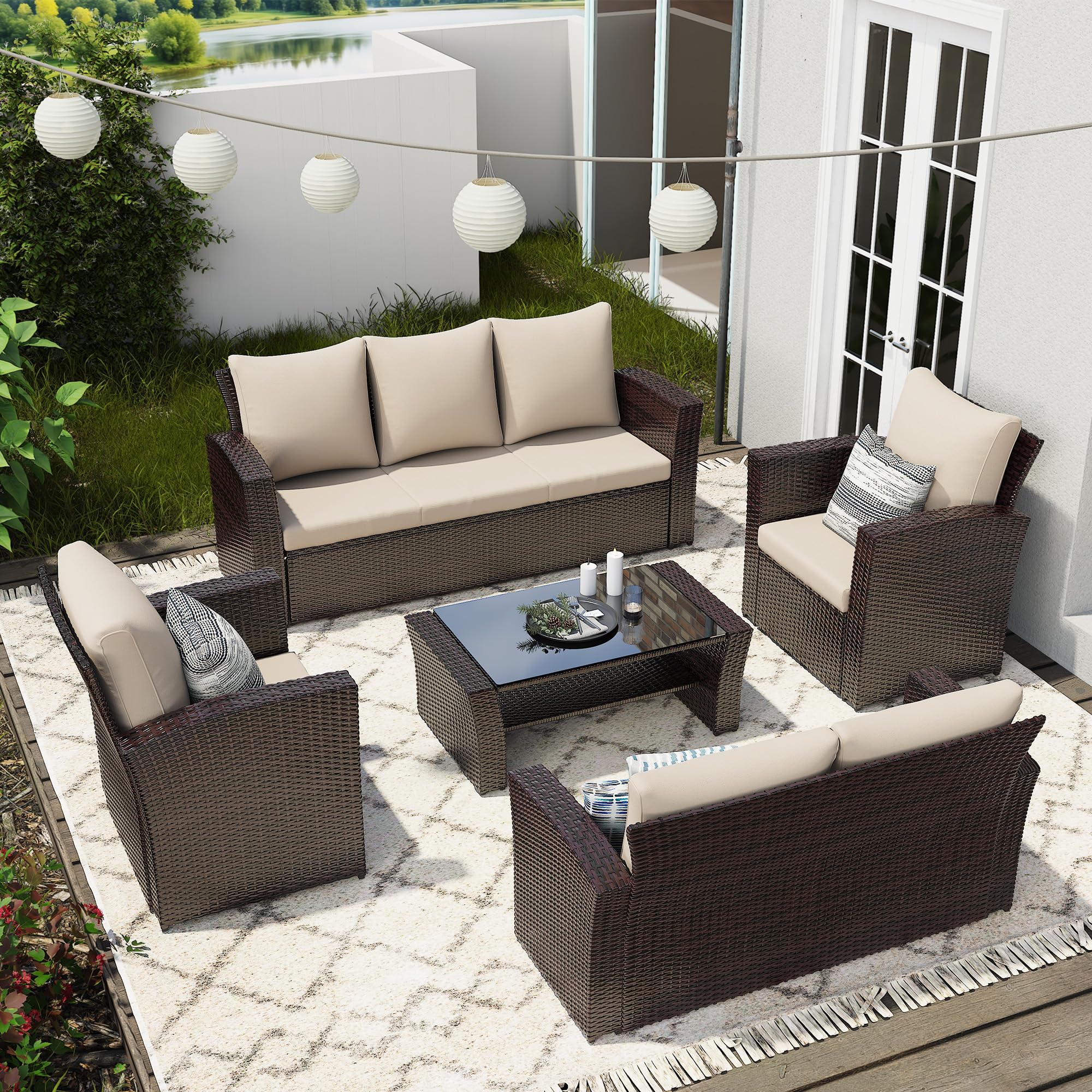 View 1 of ************INCOMPLETE SET, THIS IS ONLY BOX #1 OUT OF 2 TOTAL**************
Wisteria Lane 5 Piece Outdoor Patio Furniture Sets, Wicker Conversation Set for Porch Deck, Brown Rattan Sofa Chair with Cushion