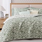 BLOOMHAVEN King Quilt Set-3 Pieces Soft Bedding Floral Reversible Coverlet | All Seasons Lightweight Quilts King Size for Bed, Breathable Vintage Bedspread with Shams, Green