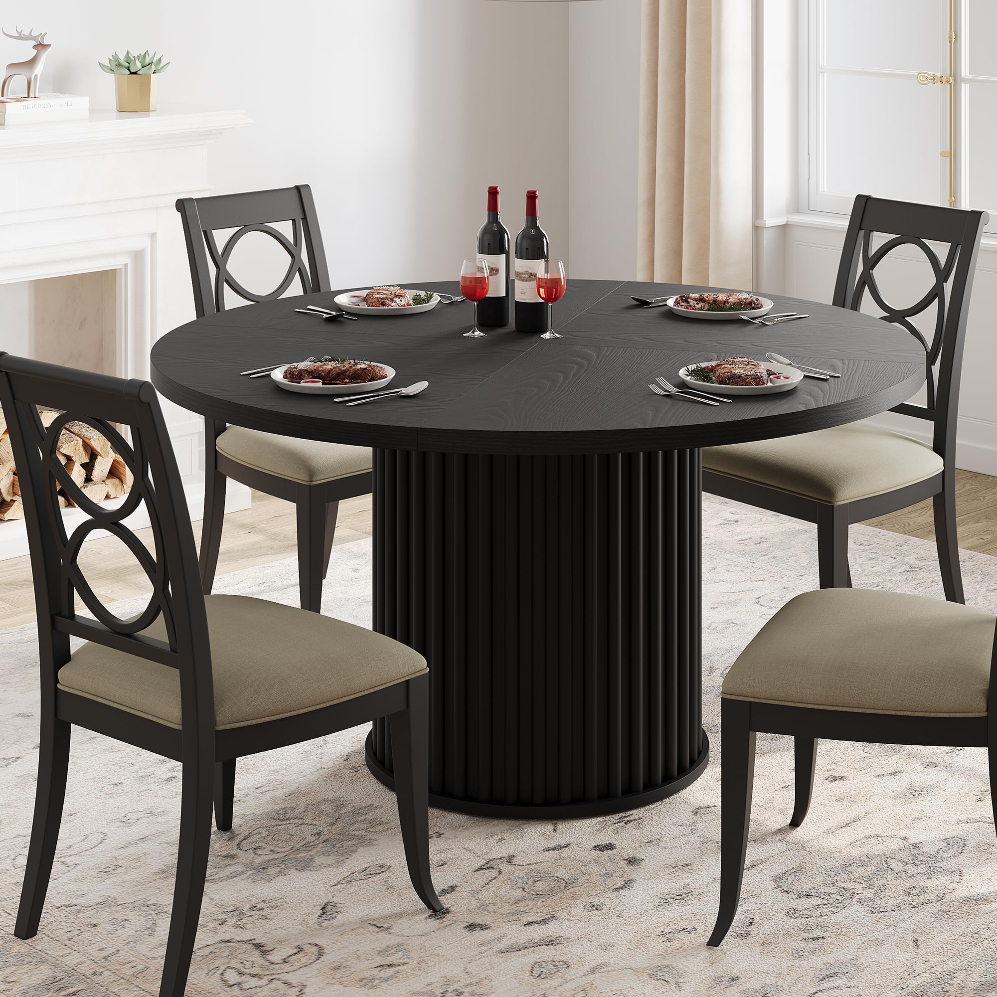 Photo 1 of ****JUST THE TABLE****NO CHAIRS**** NO SILLAS SOLO LA MESA**** GarveeHome 47Inch Round Dining Table for 4-6 People, Black Dining Room Table with Sturdy Waveform Metal Pedestal Base, Industrial Circle Kitchen Table for Dining Room, Kitchen
