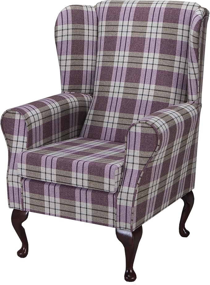 High Wing Back Fireside Chair Kintyre Heather Tartan Fabric Seat Comfy Armchair With Queen