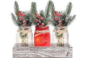 MARACCO Christmas Mason Jars, Christmas Centerpiece Table Settings, Wood Tray with 3 Painted Jars, Dining Coffee Table Centerpiece, For Kitchen, Living Room, Christmas Mason Jar Decor with Flowers (Red)