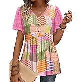 OFEEFAN Womens Summer Tops Babydoll Short Sleeve Shirts Button Down Lace Sleeve Peplum Tunic Tops V Neck T Shirts