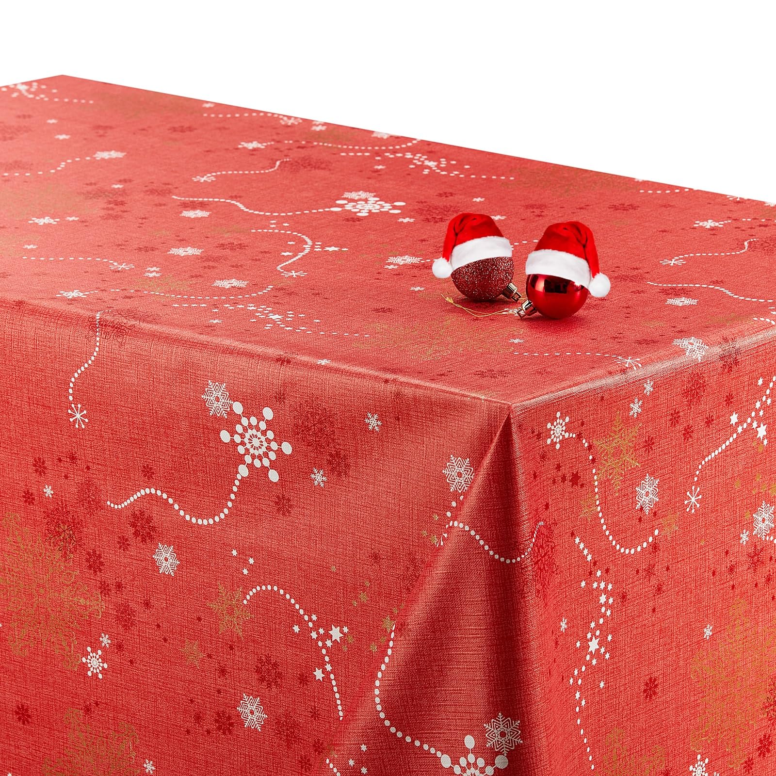 KP HOME Christmas Red PVC Table Cloth Wipe Clean Tablecloth Rectangular 300x140 cm | 118.11 x 55.12 Waterproof and Wipeable Plastic Table Cover Large Xmas Vinyl Oilcloth With Snowflakes 10 Seats