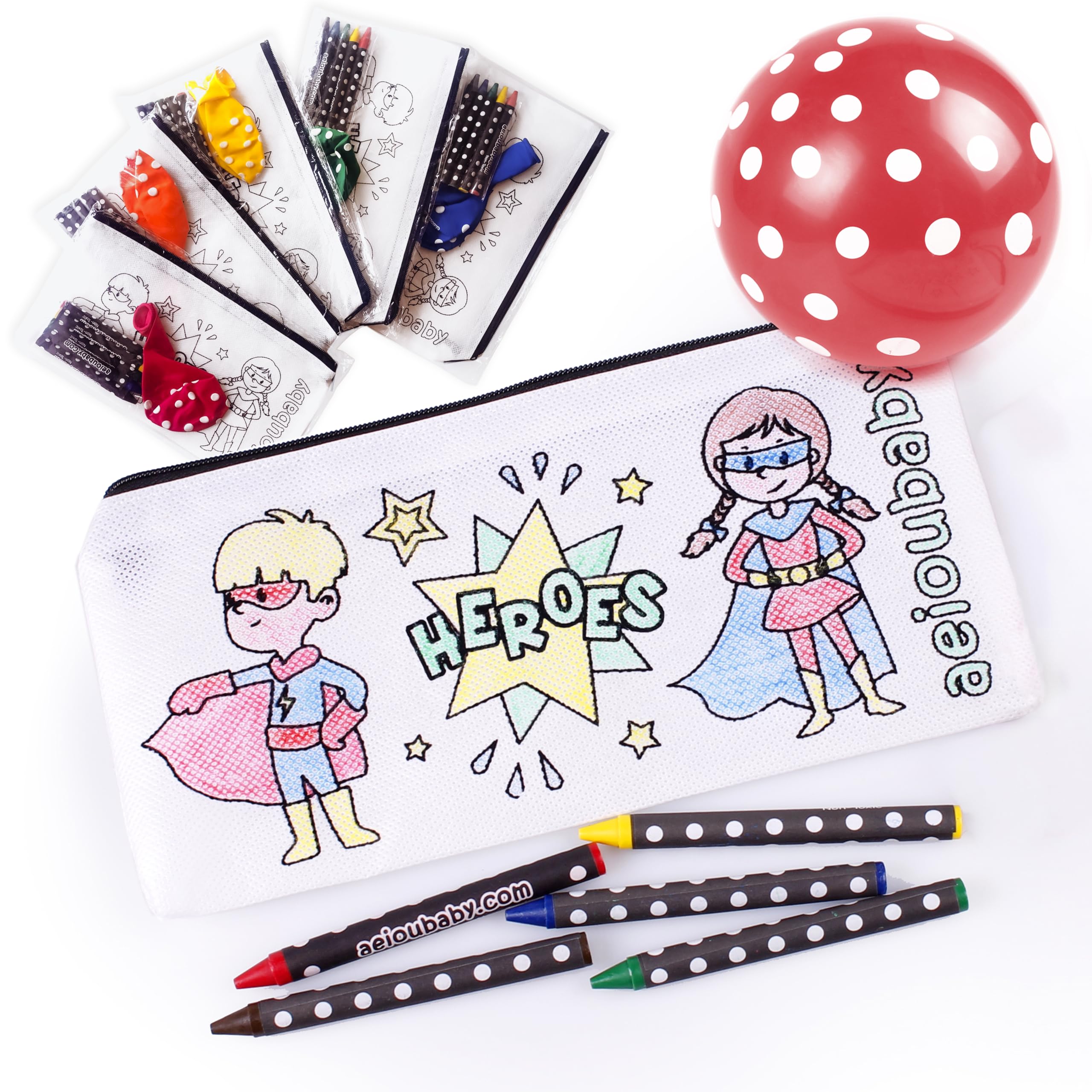 aeioubaby.com 10 Pencil Cases Color Your Own | 10 Individual Bags with 5 Coloured Crayons and a Balloon | Children's Gift for Parties and Birthdays (Heroes)