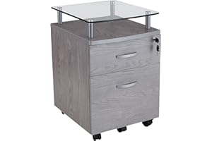 TECHNI MOBILI 2-Drawer Rolling File Cabinet with Lock and Glass Top, Under Desk File Cabinet with Wheels, Printer Stand, Grey