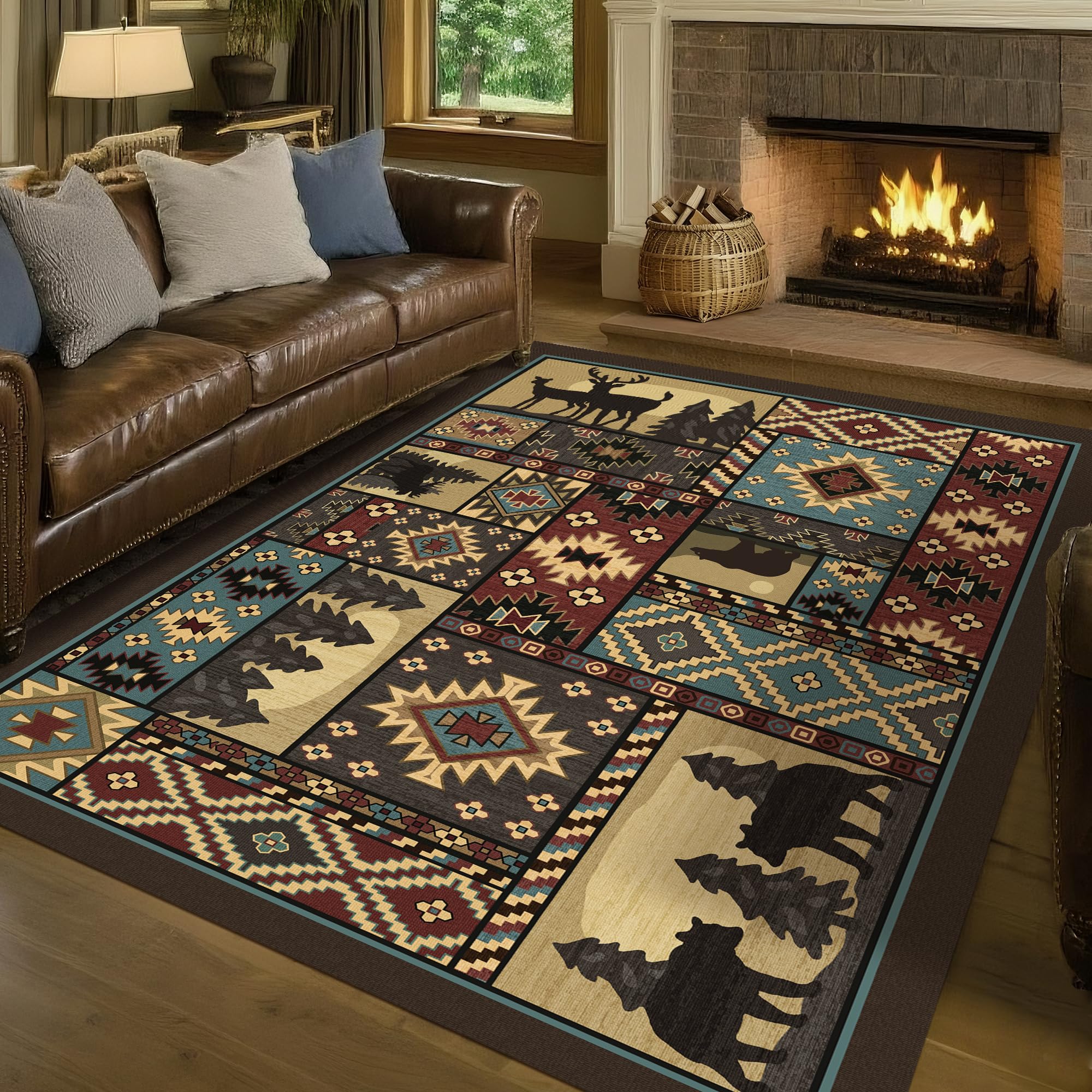 Photo 1 of Rustic Cabin Area Rug 5x7: Bear Western Decor Brown Animal Carpet for Living Room Bedroom Country Home