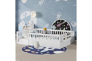 HUMEHA Full Size Montessori Floor Bed with Light and Storage Bookshelf, Kids Floor Bed Frame with Safety High Rails for Bedroom Playroom, Wooden Playhouse Frame for Boys Girls, Full-White