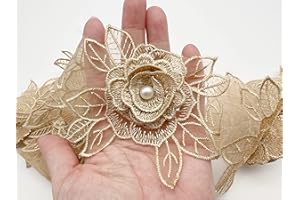 PEPPERLONELY 1 Yard 9PC Gold 3D Pearl Flower Embroidered Lace Edge Trim Ribbon, Flower Size 10x8cm