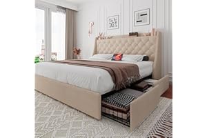 iPormis Queen Bed Frame with 4 Storage Drawers, Upholstered Platform Bed Frame with Type-C & USB Ports, Wingback Storage Headboard, Solid Wood Slats, No Box Spring Needed, Beige