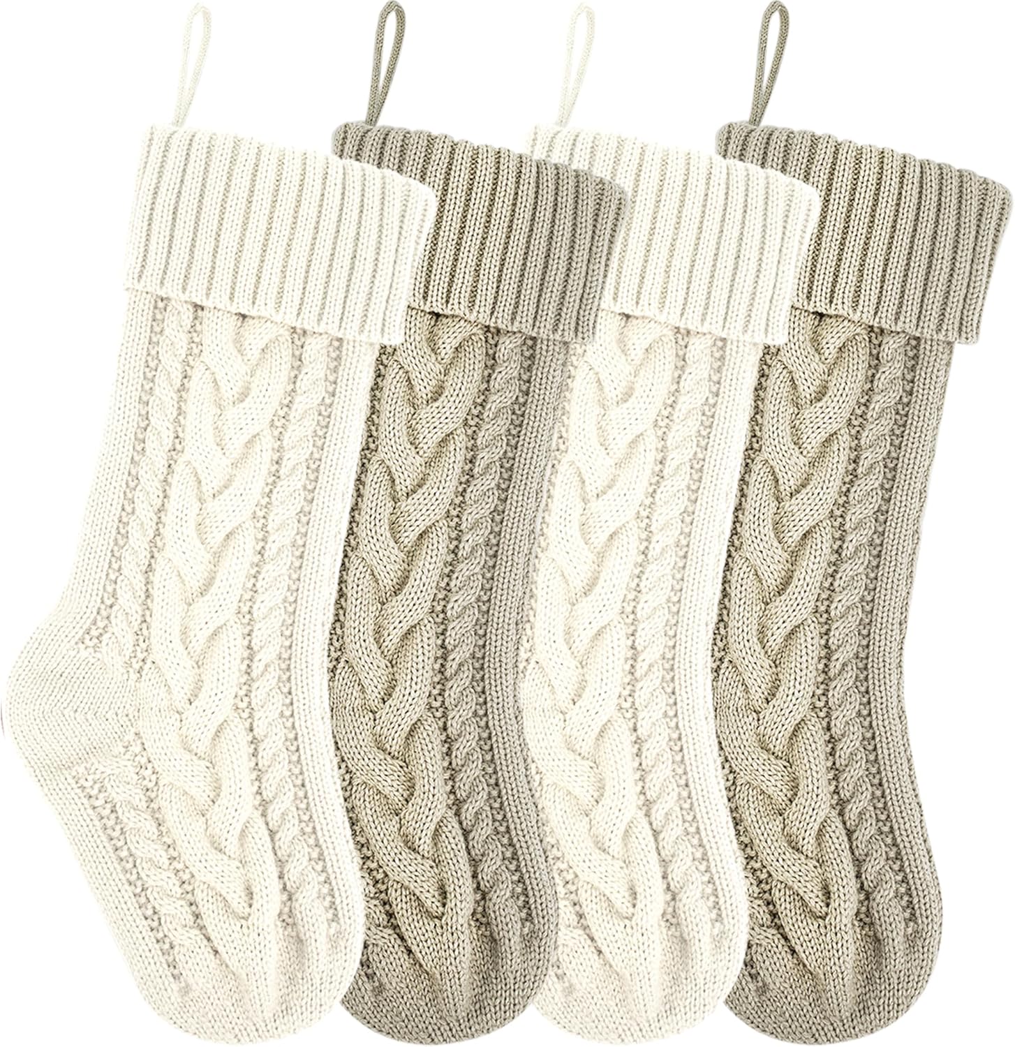 Stockings & Holders - 18 Inches Ivory and Khaki Knit Christmas Stockings Bulk Double Side Vintage Family Xmas Stockings for Fireplace and Home Decor,4 Pack