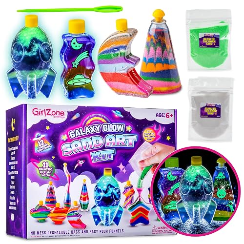 GirlZone Galaxy Glow Sand Art Kit, Sand Art for Kids Kit with Coloured Sand & Kids Sand Art Bottles to Make Childrens Sand Art, Fun Kids Craft Kits