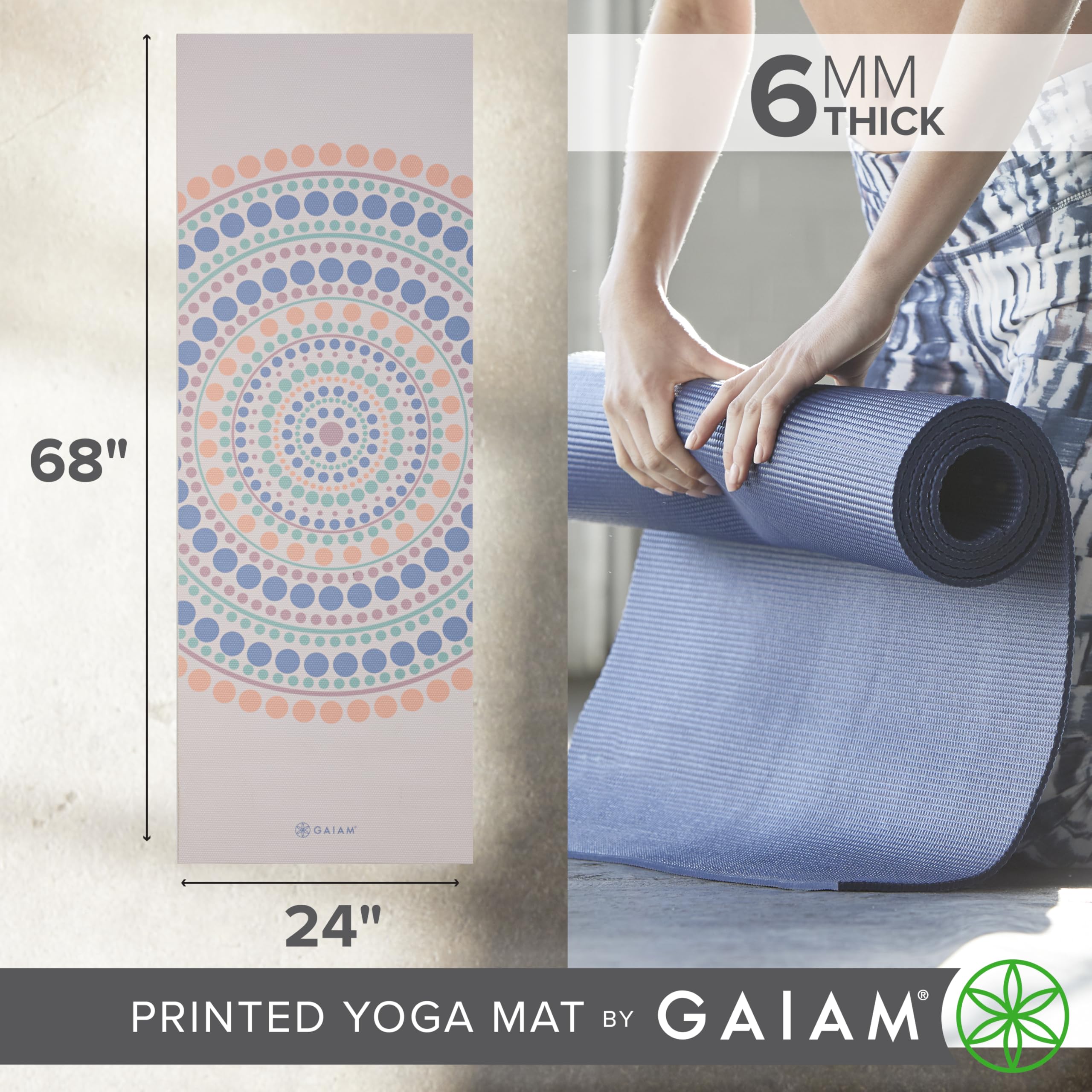 Gaiam Yoga Mat - Premium 6mm Print Extra Thick Non Slip Exercise & Fitness Mat for All Types of Yoga, Pilates & Floor Workouts (68L x 24W x 6mm Thick)