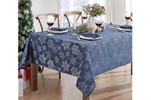 Newbridge Fancy Metallic Snowflake Christmas No-Iron Soil Resistant Fabric Holiday Tablecloth, Sparkling Snowflakes Lurex Woven Easy Care Tablecloth, 52 Inch x 70 Inch Oblong/Rectangle, Navy/Silver