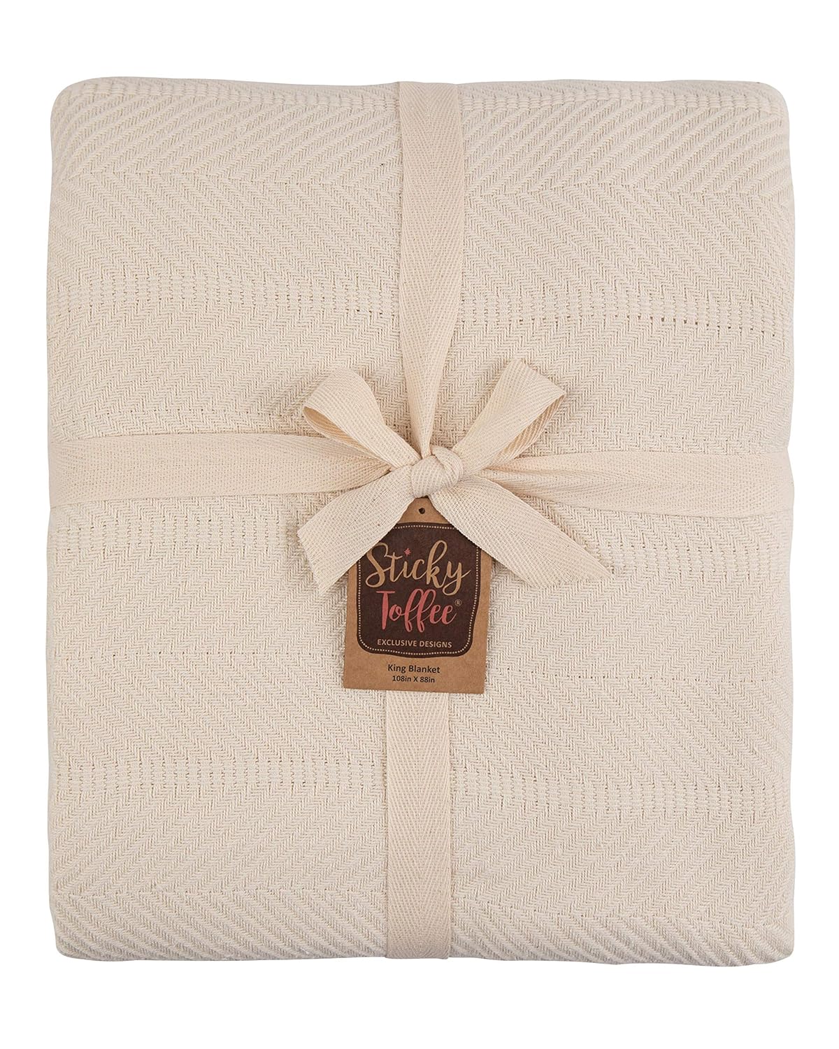 Sticky Toffee Woven Cotton Lightweight King Size Blanket | Warm and Soft Blanket for Layering on Bed | Ivory Cream | 108 in x 88 in