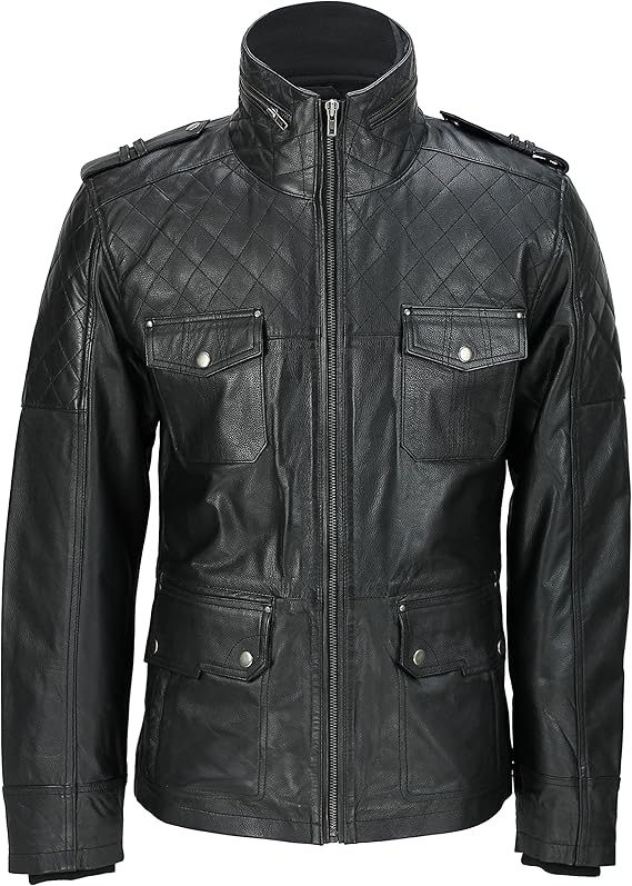 Mens New Black Real Leather Vintage Field Jacket Retro Smart Casual