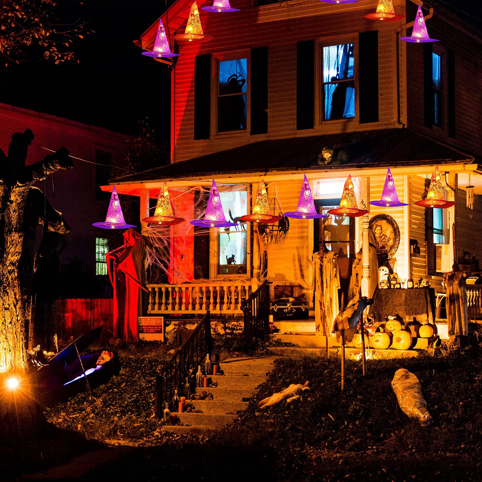 Dazzle Bright 8 Pcs Hanging Witch Hat String Lights, Light Up Waterproof Halloween Decorations with Remote Control for Outdoor Garden Party Carnival Supplies Decor