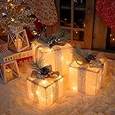 Set of 3 Christmas Lighted Gift Boxes with 60 LED Lights, Plug-in Holiday Decorations for Xmas Tree, Home, Indoor Outdoor Décor(Silver)