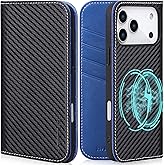 VISOUL Carbon Fiber Wallet Case for iPhone 17 Pro Max, Genuine Leather Magnetic Folio Case with RFID Blocking Card Slots, Kickstand, Soft TPU Shell, Protective Flip Cover 6.9”-Black+Blue