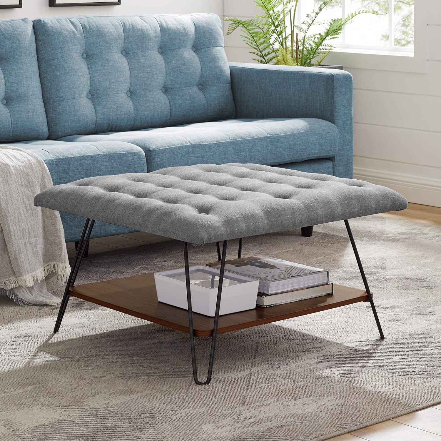Amazon Com Walker Edison Tufted Upholstered Fabric Ottoman Stool Living Room Foot Rest Coffee Table Storage Shelf 30 Inch Grey Furniture Decor