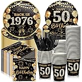 Ninehaoou 240 Pcs 50th Birthday Decorations 1976 Birthday Party Tableware Include Plates Napkins 9oz Cups Cutlery 50th Anniversary Party Supplies for Men Women Him Her, Serve 30 Guests (Black Gold)