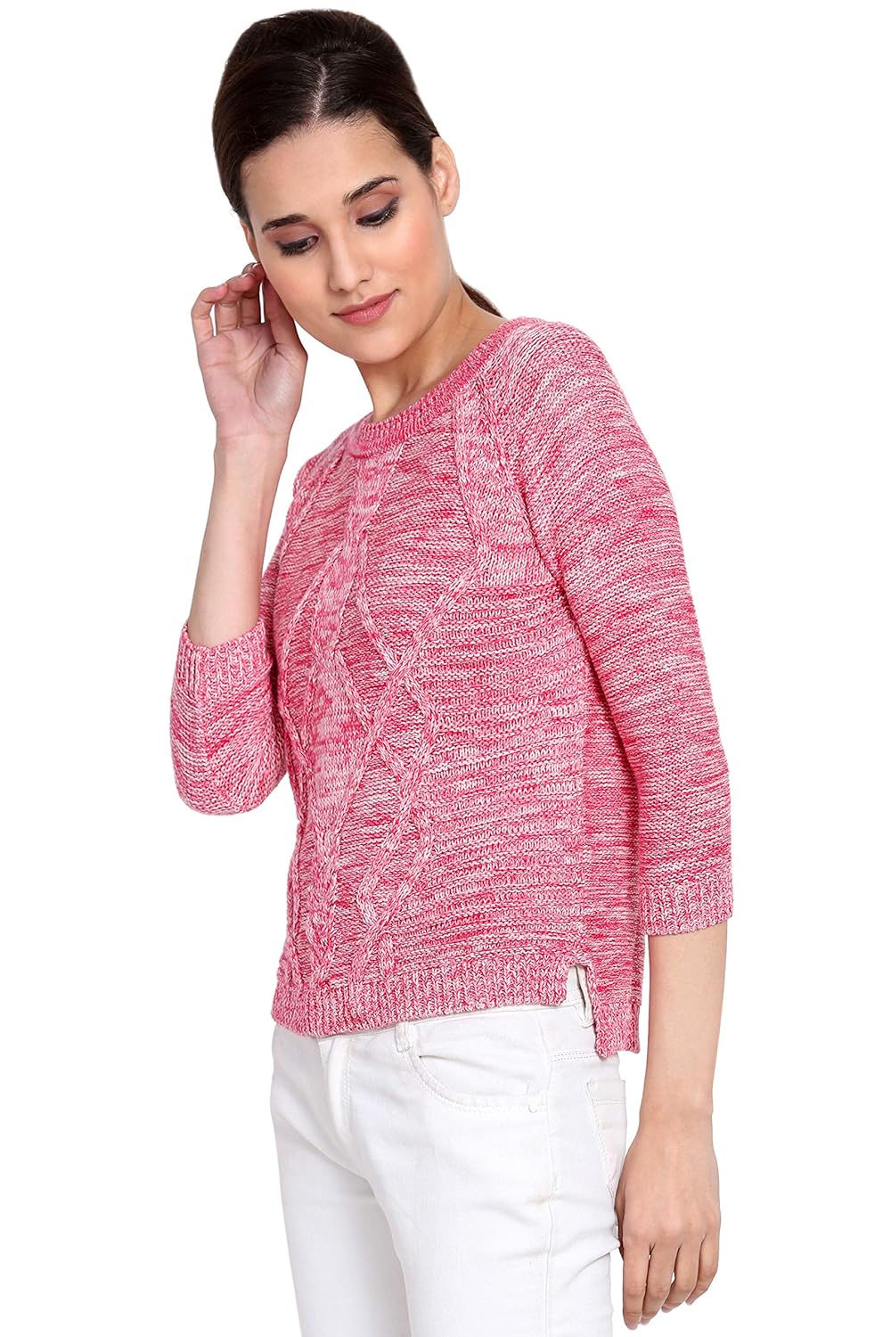 boxymoxy pink mix three-fourth sleeves cable sweater for girls & women